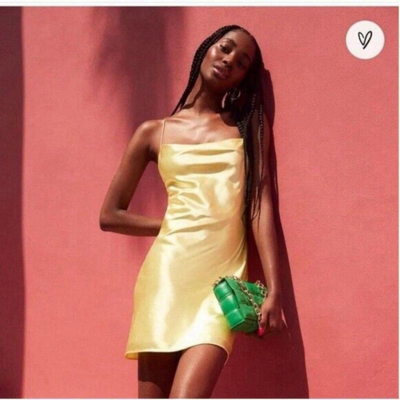 Lulus Dresses & Skirts - Lulu's NWT Yellow Satin Cowl Lace up Slip Dress Size Large